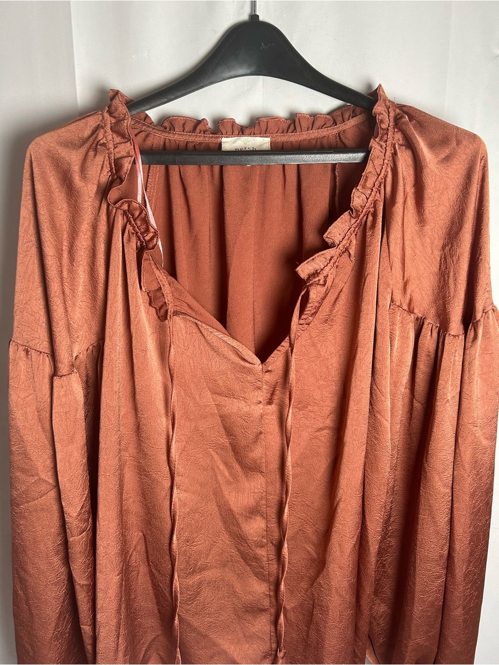Ruffle Trim V-Neck Blouse in Rust